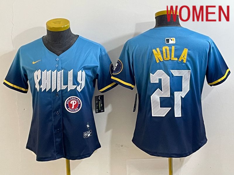 Women Philadelphia Phillies #27 Nola Blue City Edition Nike 2024 MLB Jersey style 2